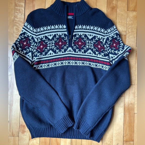 Izod sweater pullover 1/4 zip Fairisle holiday blue red cotton blend size med - Picture 2 of 8